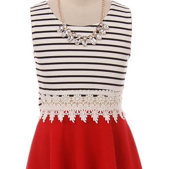 Sleeveless Girls Dress Two Tone Stripe Bow Open Back Party Flower Girl Dress Red - Picture 2 of 6